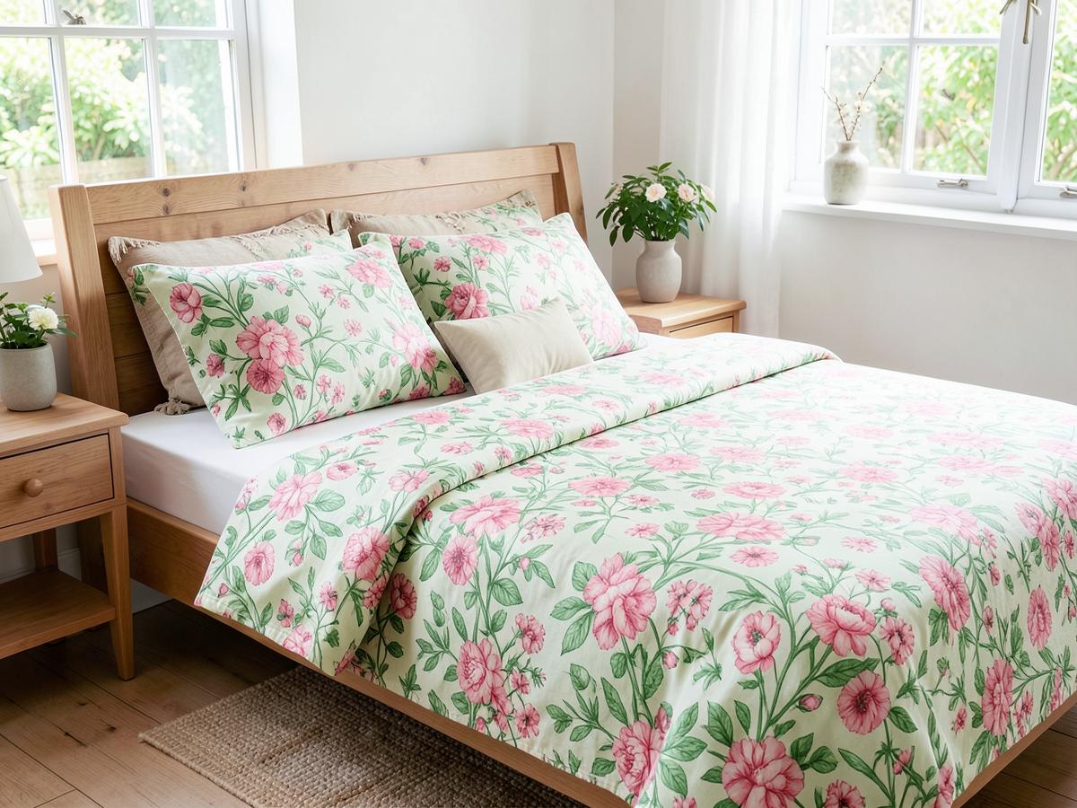 Hand block-printed green and pink floral bed linen on a wooden bed in a bright bedroom