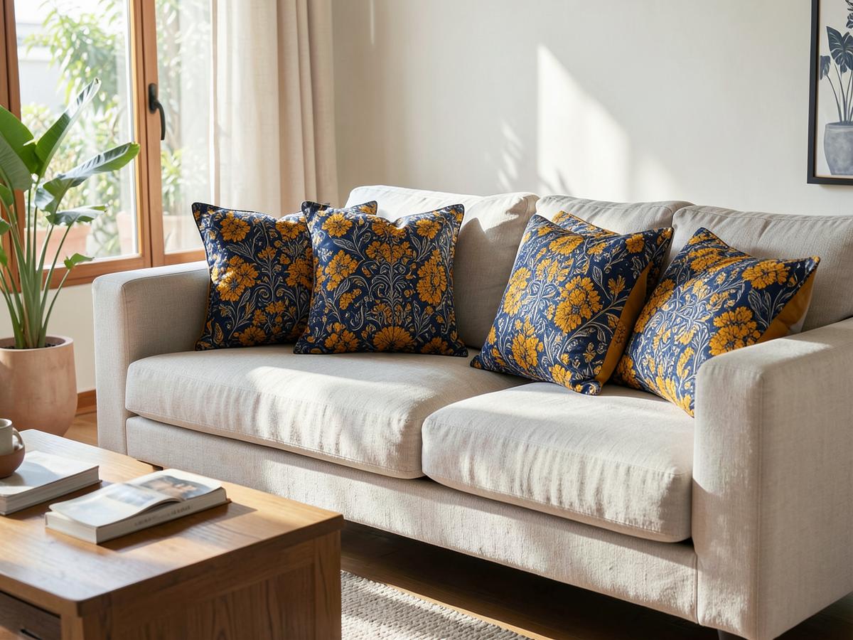 Hand block-printed indigo and marigold cushion covers styled on a linen sofa