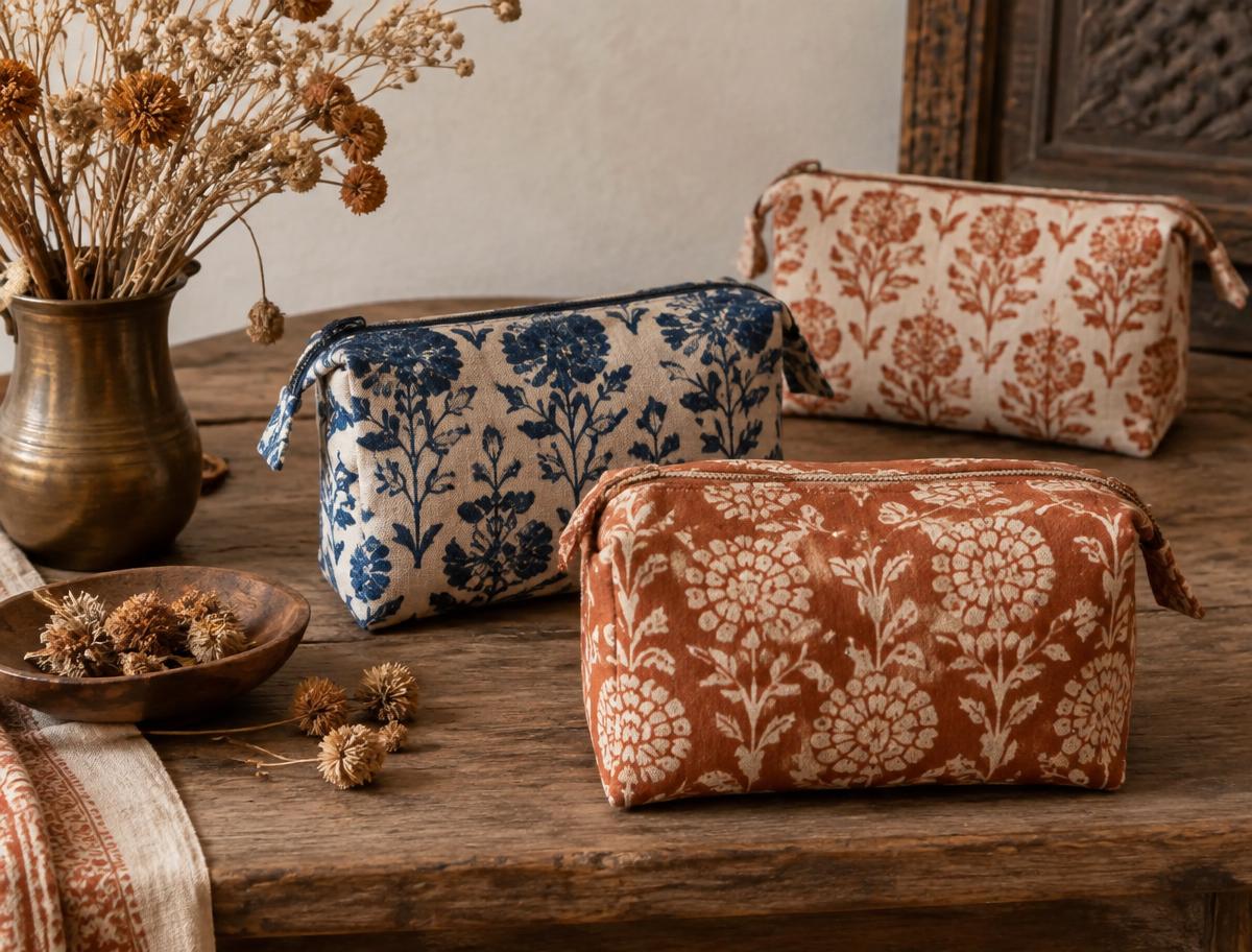 Three hand block-printed cotton vanity pouches in terracotta and indigo florals on a wooden table