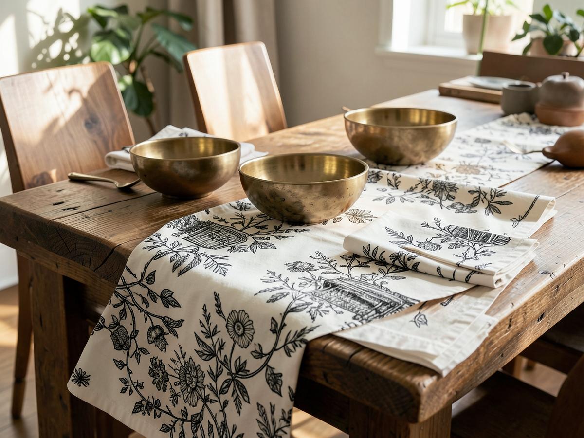 Hand-printed table runner and napkins with brass bowls on a rustic wooden dining table