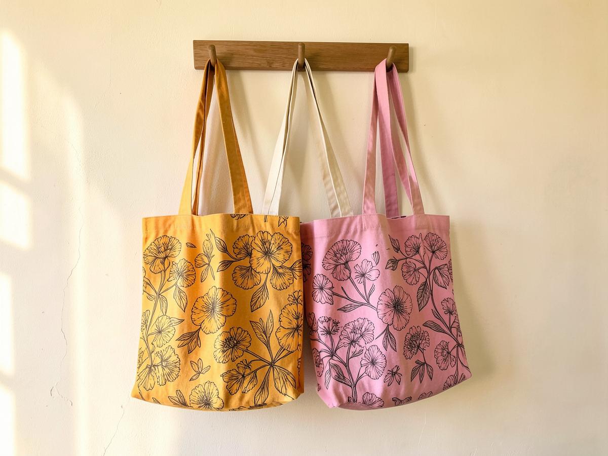 Marigold and rani pink screen-printed cotton tote bags hanging on a wooden hook